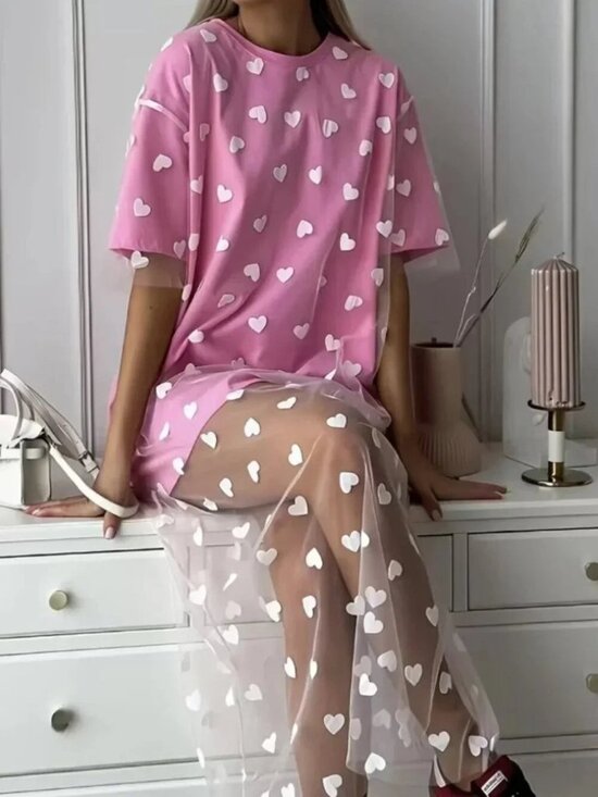 Dresses & Skirts - Heart Mesh Overlay High-Lo T-Shirt Dress